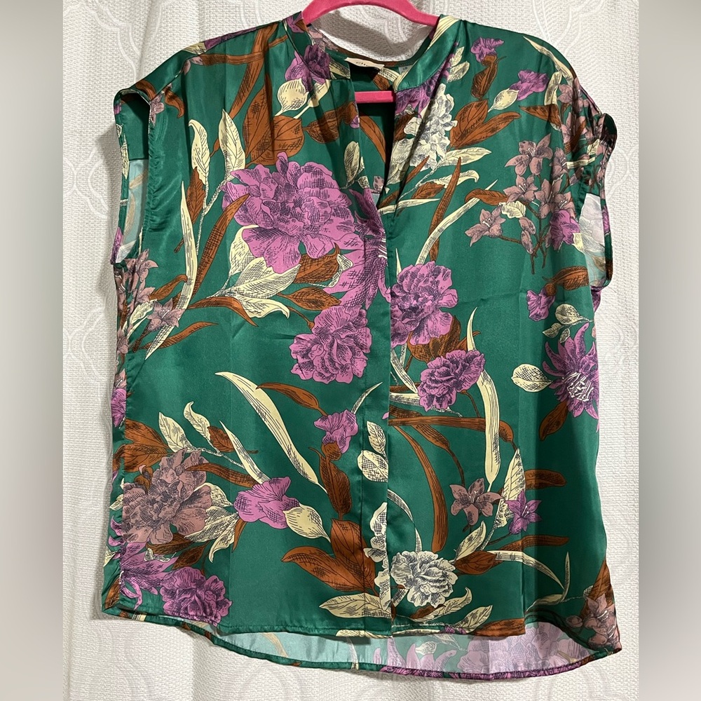 Elie Tahari Green Floral Shell Button Up Top - Green, Purple & Brown Print